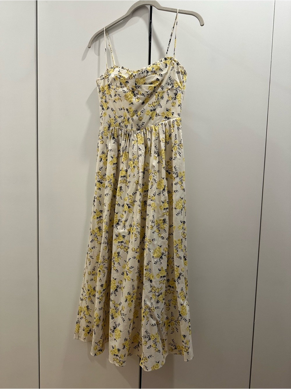 Zara Yellow Floral Midi Dress with Spaghetti Straps